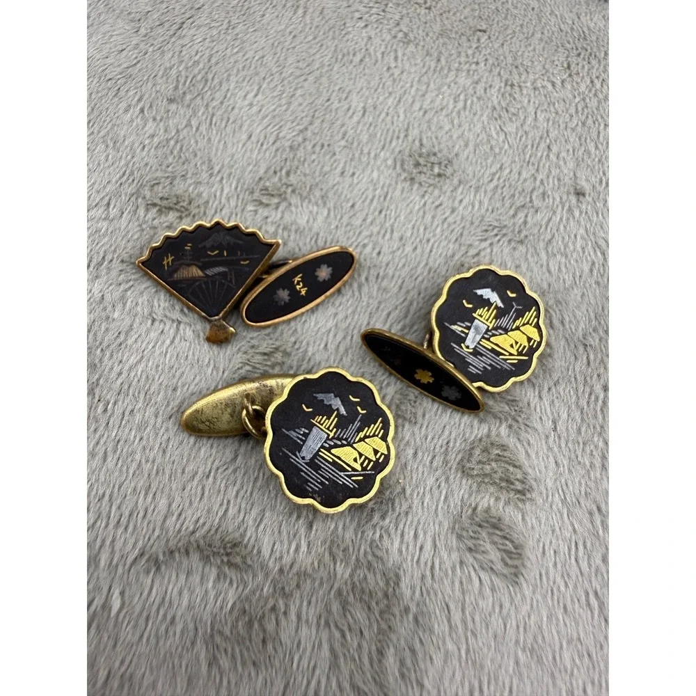 Vintage Japanese Damascene Cufflinks Set of 3 Gold Tone